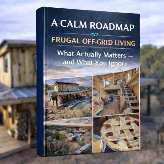 Book titled 'A Calm Roadmap to Frugal Off-Grid Living' with images of a cabin and pie on a blurred background.