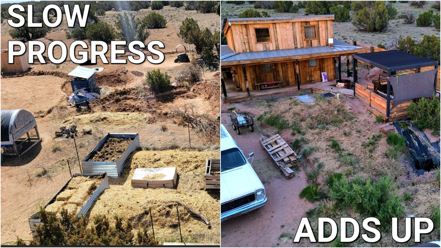 Side by side comparison of greening the desert homestead images including cabin and pond