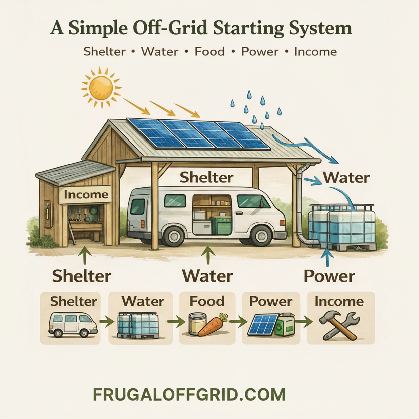 Off-grid homestead system overview diagram showing shelter layout with cabin, workshop, greenhouse, and the core pillars of shelter, water, food, power, and income