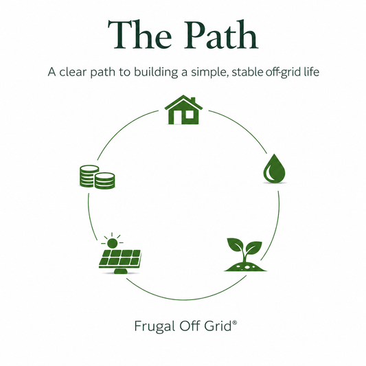 The Path by Frugal Off-Grid showing a circular off-grid system with shelter, water, food, power, and income icons representing a clear path to building a simple, stable off-grid life.