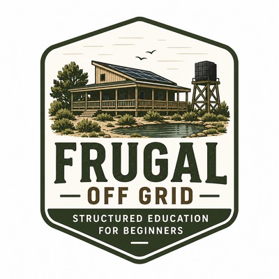 Logo for 'Frugal Off Grid' with a cabin and water tower illustration on a white background.