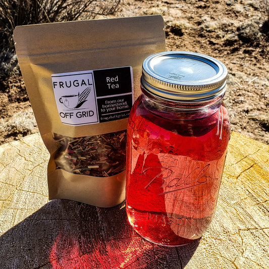 frugal off grid red tea blend hibiscus rose petals lemon balm colorful herbal tea